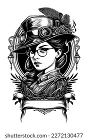 Steampunk beautiful Girl with glasses and hat illustration