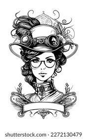 Steampunk beautiful Girl with glasses and hat illustration