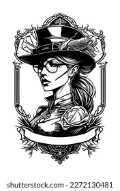 Steampunk beautiful Girl with glasses and hat illustration