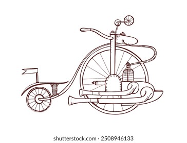 Steampunk bicycle design, vintage retro-futuristic vehicle. Bike with fantasy mechanical gear. Whimsical Victorian industrial style, aesthetics. Drawn vector illustration isolated on white background