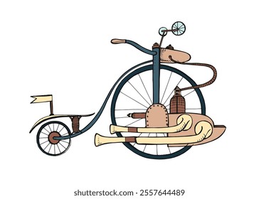 Steampunk bicycle. Vintage retro steam-punk vehicle. Bike with engine, gears. Cycle in Victorian industrial style, old 19th century design. Drawn vector illustration isolated on white background