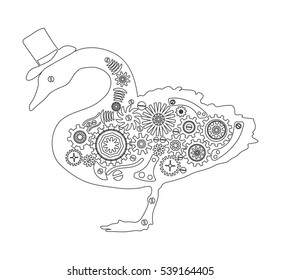 Steampunk bird. Vintage style swan. Retro illustration. Page for adult colouring book, vector design element.