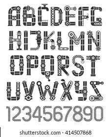 Steampunk black font. Vintage industrial alphabet.