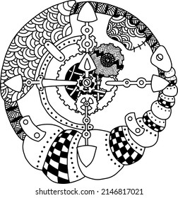 Steampunk Black and White Compass Isolated on White Background. Coloring Page. Coloring Book.