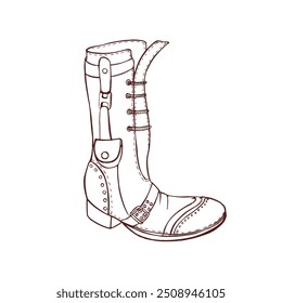 Steampunk boot, vintage style drawing. Steam-punk footwear with straps and buckles. High shoe, retro industrial Victorian fashion style. Drawn vector graphic illustration isolated on white background