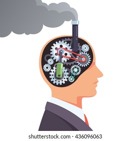 Steampunk Brain Engine With Cogs And Gears. Business Man Mechanical Human Robot Head With Steam Going Out Of Chimney. Flat Style Vector Illustration Clipart.