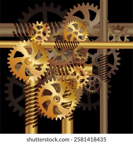 Steampunk bronze gear wheels. Realistic cogs and gears mechanism. Engineering and technology vector.