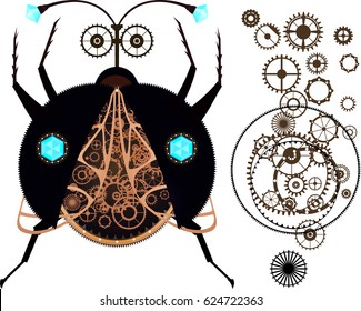 steampunk bug, insect with mechanical gears, gems and cogs