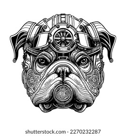 steampunk bulldog head is a unique blend of vintage and futuristic elements, featuring gears, pipes, and rivets that create a mechanical bulldog