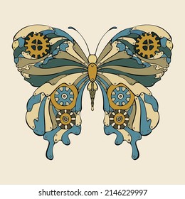 Steampunk Schmetterling Doodle handgezeichnet fantastische mechanische, Schmetterling mit Zahnräder. isoliert. Vektorgrafik