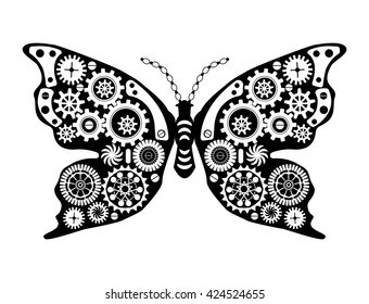 Steampunk butterfly. Fantastic insect in vintage style for tattoo, sticker, print and decorations. 