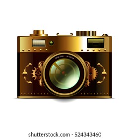 Steampunk camera isolated on white photo-realistic mixed media vector illustration