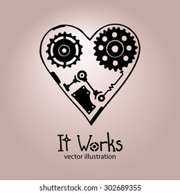 Steampunk card, dark techno mandala with blue elements on the grey background, with decorative text "It Works"