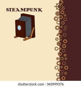 Steampunk card with retro camera in doodle style