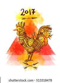 Steampunk card. Retro illustration with mechanical cock. Vintage invitation.Gear rooster in a sketch style. Stylized vector illustration. Mechanical creature for tattoo design.  Symbol of year 2017