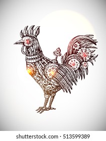 Steampunk card. Retro illustration with mechanical cock. Vintage invitation.Gear rooster in a sketch style. Stylized vector illustration. Mechanical creature for tattoo design.  Symbol of year 2017