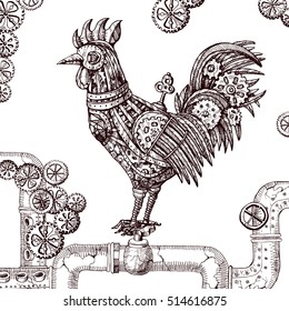 Steampunk card. Retro illustration with mechanical cock. Vintage invitation.Gear rooster in a sketch style. Stylized vector illustration. Mechanical creature for tattoo design.  Symbol of year 2017