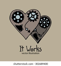 Steampunk card, two techno hearts with blue elements on the grey background, with decorative text "It Works"