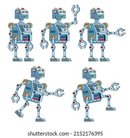 Steampunk cartoon robot in various poses. Retro robot in cartoon style. Vector illustration.