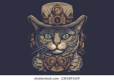 Steampunk cat vintage vector illustration for tshirt