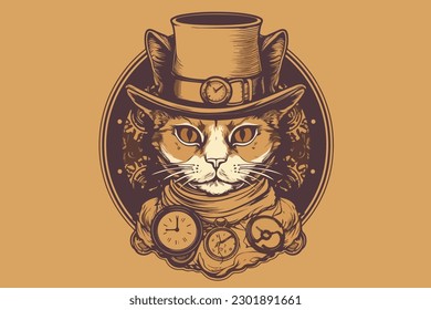 Steampunk cat vintage vector illustration for tshirt