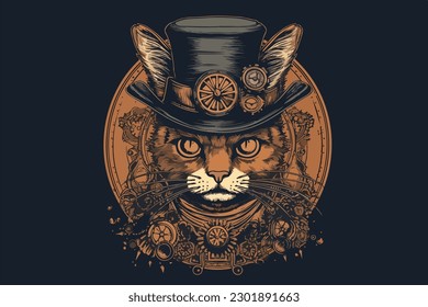 Steampunk cat vintage vector illustration for tshirt