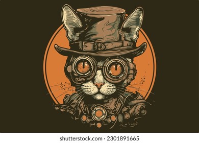 Ilustración vectorial vintage del gato Steampunk para camiseta