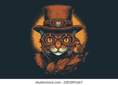 Steampunk cat vintage vector illustration for tshirt