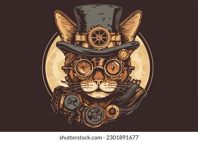 Steampunk cat vintage vector illustration for tshirt