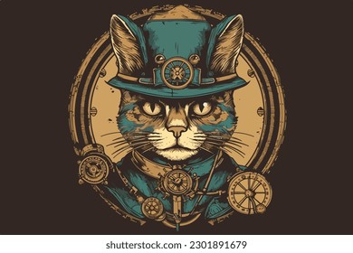 Steampunk cat vintage vector illustration for tshirt