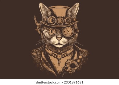 Steampunk cat vintage vector illustration for tshirt