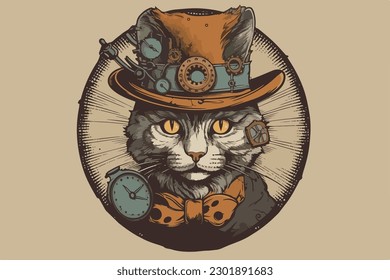 Steampunk cat Vintage, Vektorgrafik für T-Shirt