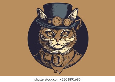 Steampunk cat vintage vector illustration for tshirt