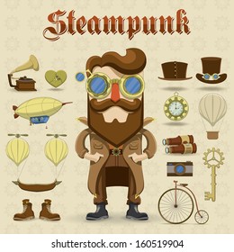  Steampunkcharakter und Elemente. Vektorsymbole