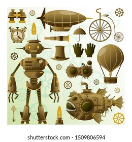 Steampunk character and elements. Vector icons.Steampunk robot.Vintage character.Steampunk submarine.Vintage cyborg.Vintage elements set.Stempunk equipmnet set.