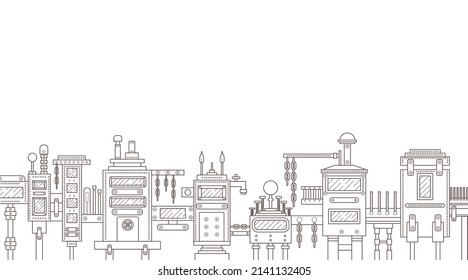 Steampunk city. Sample. Outline image. There is space for text. Vector illustration.