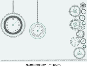 Steampunk clock on background with cogs, gears on canvas paper