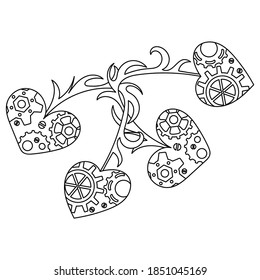 Un libro de colorear steampunk . La mano atrajo corazones entrelazados. Piezas mecánicas, engranajes. Páginas de coloreo del día de San Valentín. Diseño de plantillas de vector