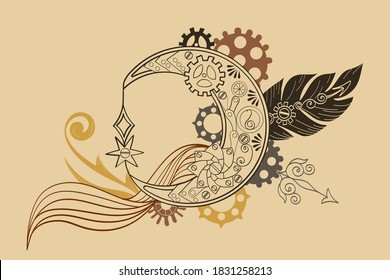 Steampunk composition in brown, yellow color. Vector linear drawing with moon, gear, arrow, feather. Modern industrial template for stationery,  t-shirt design, packing. Collage in style steampunk