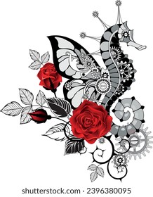 Steampunk composition of an outlined, artistically drawn, mechanical seahorse with butterfly wing, decorated with black stems and blooming red roses on white background. Hand drawn vector art.