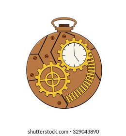 Steampunk copper pocket clock with metal gears in doodle style