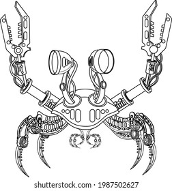 Steampunk crab robot coloring book. Vector illustration on a white background.