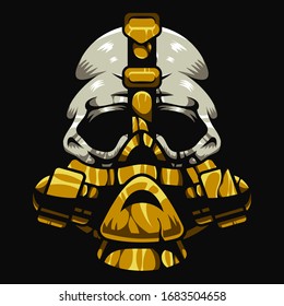 steampunk cracked skull wearing gold gas mask for tshir logo icon