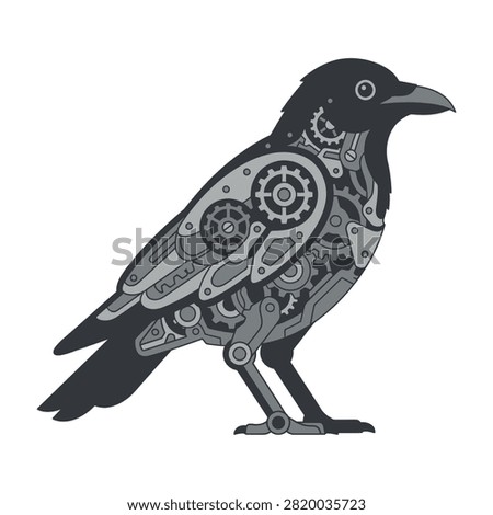 Steampunk crow with intricate mechanical gears and clockwork details, standing alone in a plain background, symbolizing science fiction and fantasy