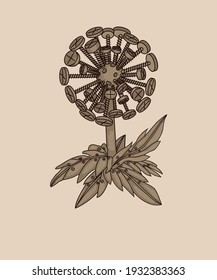 Steampunk. Dandelion-shaped mechanism. Monochrome image. Close-up. Vector illustration.