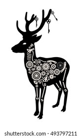 Steampunk deer with the keys on the horns.Vintage style reindeer. Retro vector illustration.Mechanical creature for tattoo design. Fantasy animal decoration.Suitable for emblem, pattern, typography.
