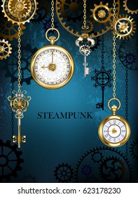 Steampunk design with gold antique clocks, keys and brass gears on turquoise background.