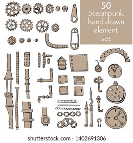 steampunk element set in hand draw style. vintage gear, watche, pipe, mechanism, device, cogwheel, chain isolated in white. victorian mechanical objects.