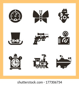 Steampunk Elements. Vector Flat Icons, Black