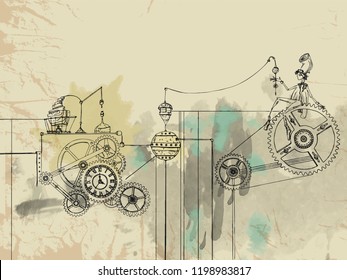 Steampunk engine. Character in steampunk style. Man with a clock. Science. Scientist. Wizard. Magic. Fantasy. Vector hand drawn illustration. Vintage card